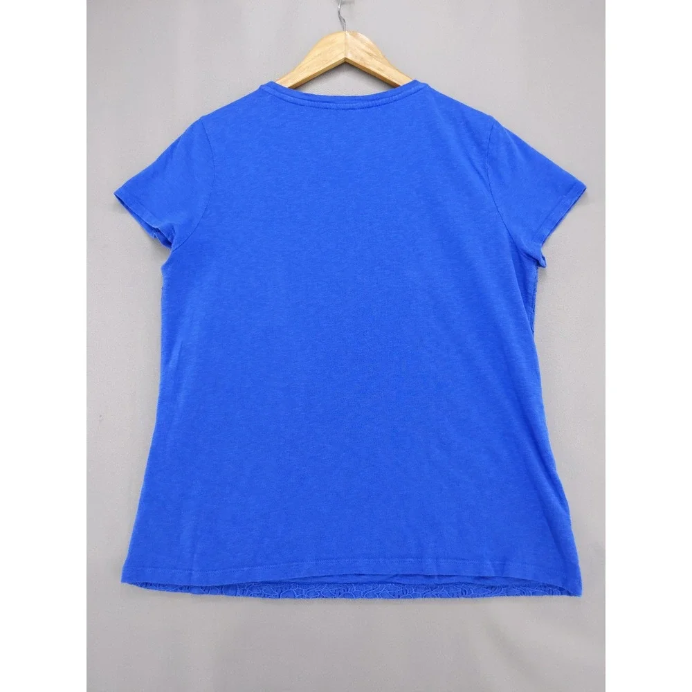 Talbots Lace Front Top Women Large Blue Short Sleeve Floral Overlay Crew Neck